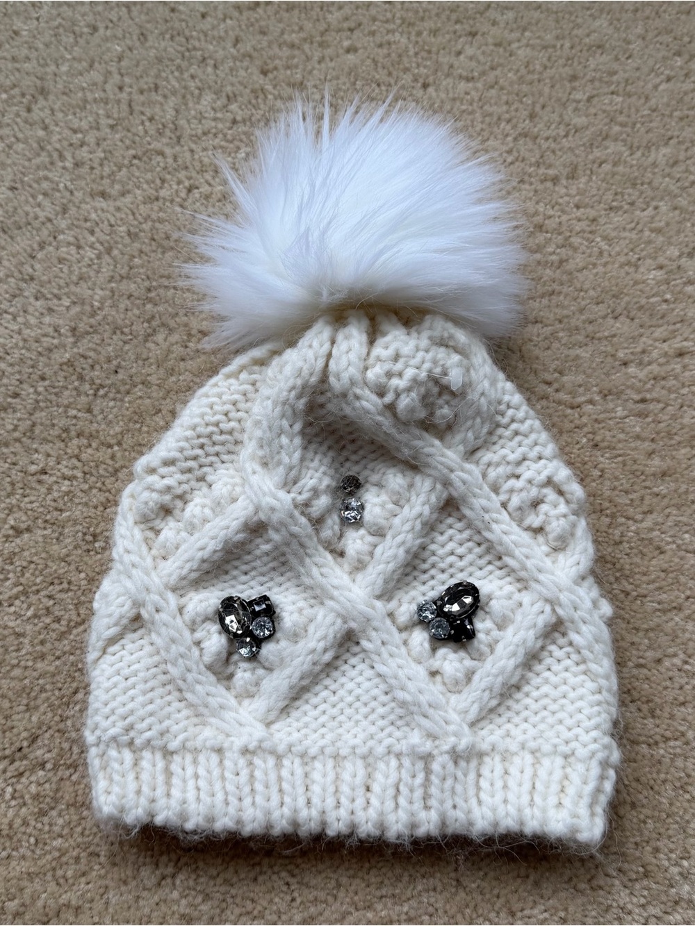 Gelso Bianco Winter White Bejeweled Pom-Pom Beanie Hat - EUC